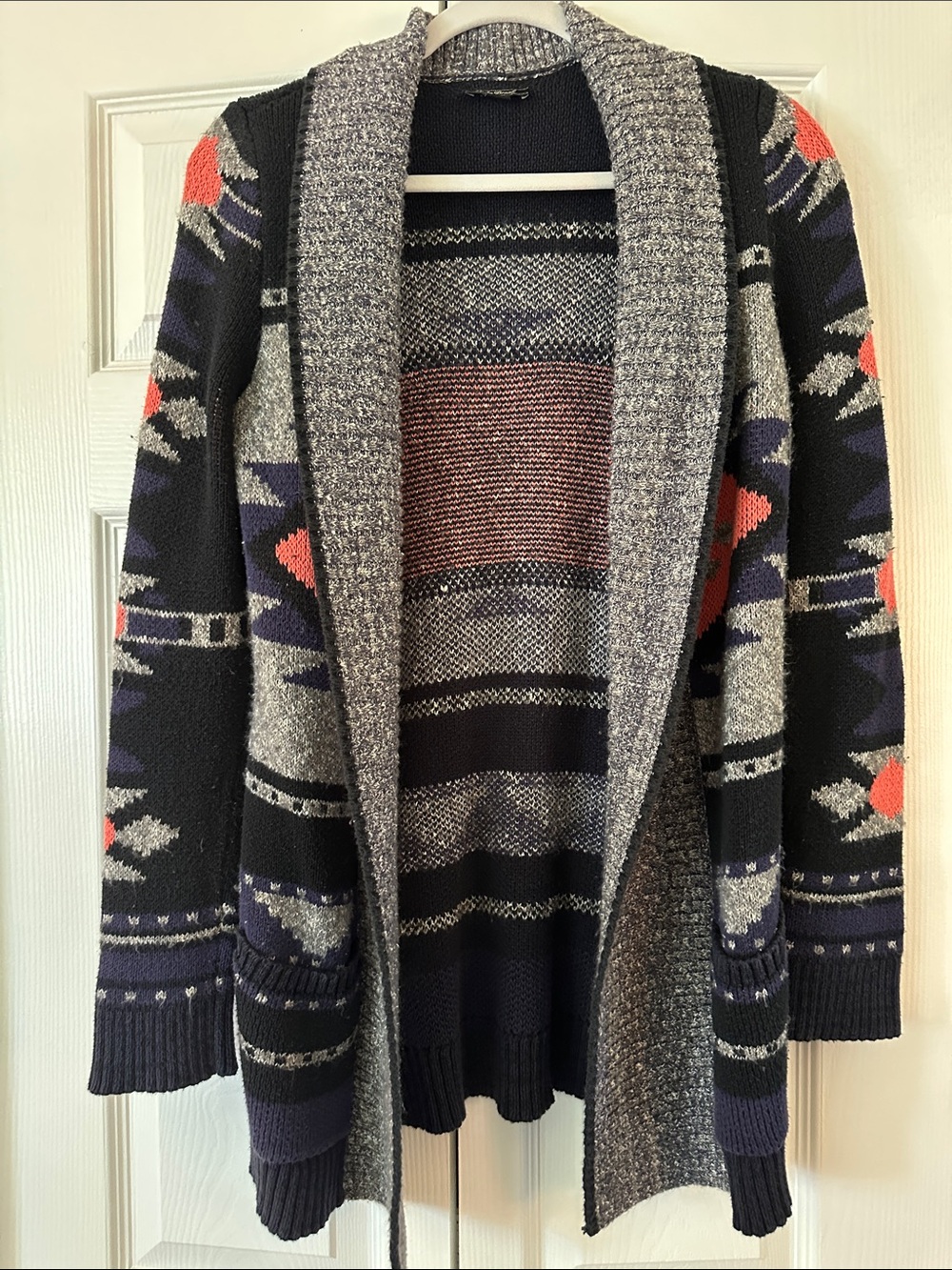Lucky Brand Cozy Open-Front Geometric Pattern Cardigan Sweater - Gray/Navy/Coral